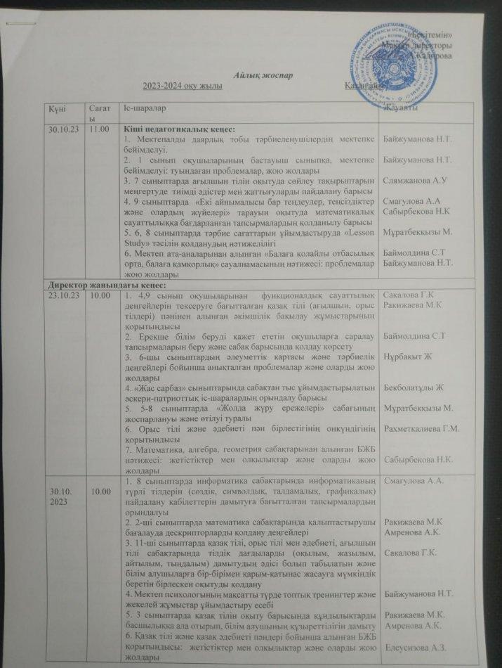 Қазан айының  айлық жоспары  2023-2024 оқу жыл