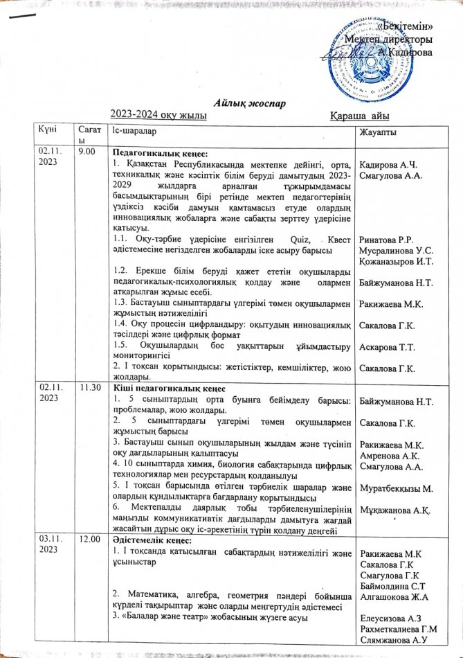 Қараша айының айлық жоспары 2023-2024 оқу жылы