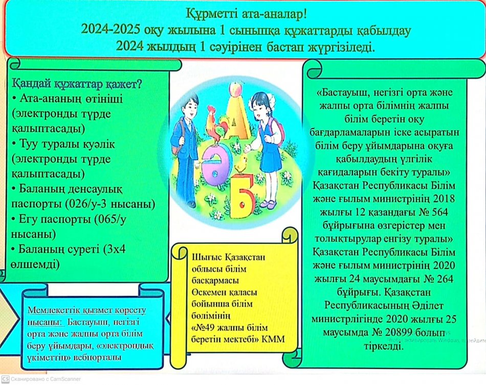 "Бастауыш, негізгі орта, жалпы орта білім берудің жалпы білім беретін бағдарламалары бойынша оқыту үшін ведомстволық бағыныстылығына қарамастан білім беру ұйымдарына құжаттарды қабылдау және оқуға қабылдау" туралы