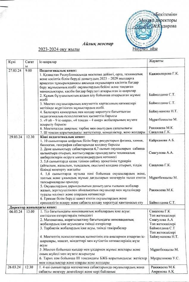 Наурыз  айының  айлық жоспары  2023-2024 оқу жыл