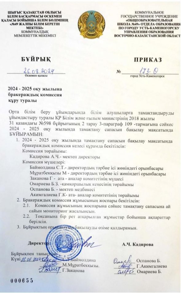 2024-2025 оқу жылына бракераждық комиссия құру туралы бұйрық.