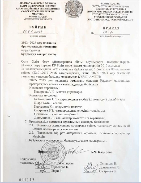 2022-2023 оқу жылына бракераждық комиссия құру туралы.