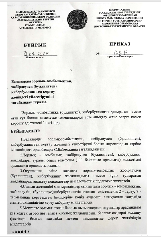 Балаларды  зорлық-зомбылықтан,жәбірлеуден (буллингтен) кибербуллингтен қорғау жөніндегі үйлестіруші тағайындау туралы.