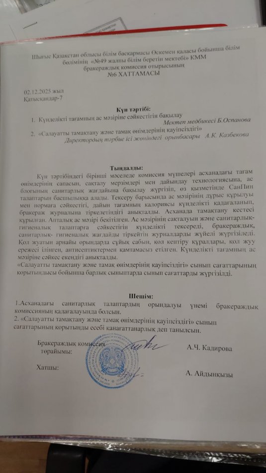 Бракераждық комиссия отырысының хаттамасы № 6