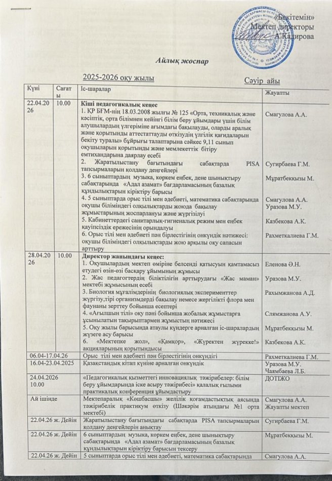 Айлық жоспар сәуір